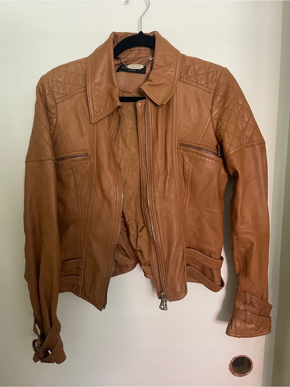 Guess by Marciano Tan Genuine Leather Biker Jacket size EU 42